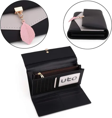 Miniatura 44 de UTO - Cartera pequeña RFID de piel sintética con dije de hoja, cierre de cremallera y tarjetero.