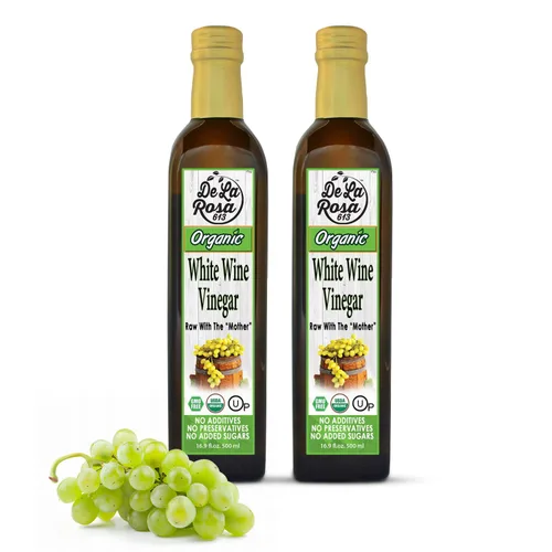 De La Rosa Vinagre de vino blanco, crudo con la "madre", Kosher para Pascua, vegano, sin OMG y sin gluten, ideal para aderezos de ensalada, adobos y