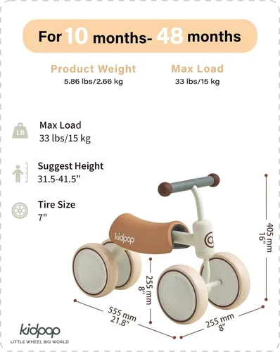 kidpop Big BEE - Bicicleta de equilibrio para niños con vehículo de cuatro ruedas Blanco
