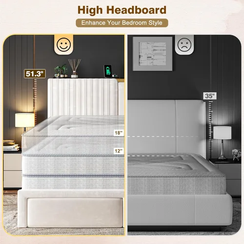 Miniatura 8 de Homkdom Base de cama Queen con cabecera de almacenamiento de terciopelo, 2 cajones grandes y 3 puertos de carga, base de cama de plataforma de 51.3