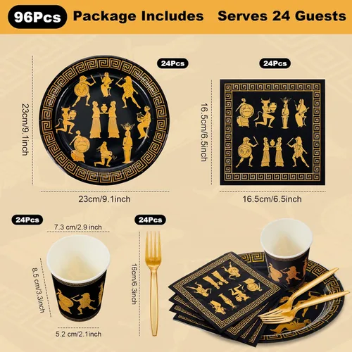 Miniatura 3 de Vesici 96 piezas de suministros de fiesta de mitología griega para 24 invitados, platos, vasos, servilletas y tenedores inspirados en la antigua