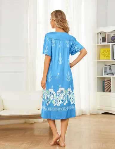Miniatura 6 de Bloggerlove Camisón hawaiano para mujer, vestido de casa hawaiano Muumuu con estampado de tumbona, vestido de patio con bolsillos Moomoo