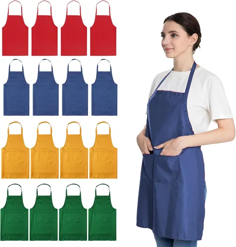 Miniatura 6 de Juego de 16 delantales rojos con babero liso a granel para mujeres, hombres y adultos con 2 bolsillos - Delantales de chef, cocina, pintura