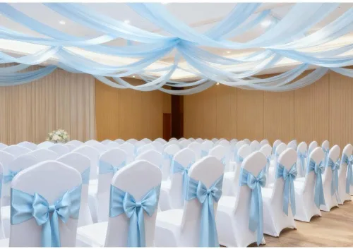 Miniatura 3 de Bandas de satén para sillas de color azul bebé, paquete de 50 lazos para sillas de color azul claro para boda, revelación de género, baby shower