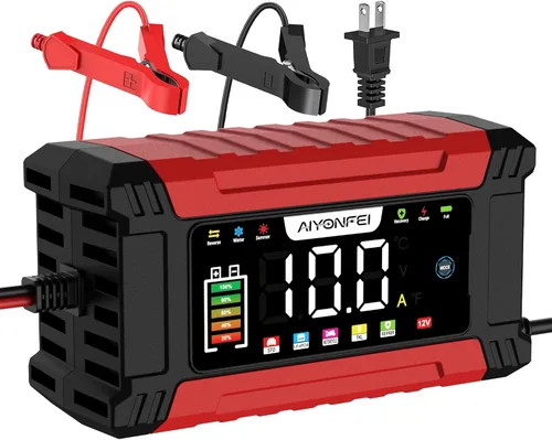 Cargador de batería de 12 V 10 A, cargador inteligente de 9 etapas con pantalla LED, mantenimiento de batería y desulfatador, compensación de