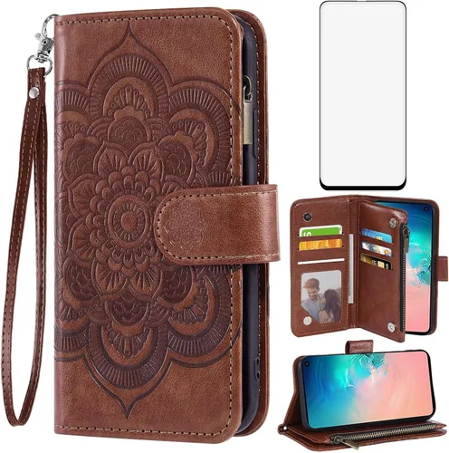Asuwish Funda de teléfono para Samsung Galaxy S10e, funda tipo cartera con protector de pantalla de vidrio templado y tarjetero de cuero con diseño