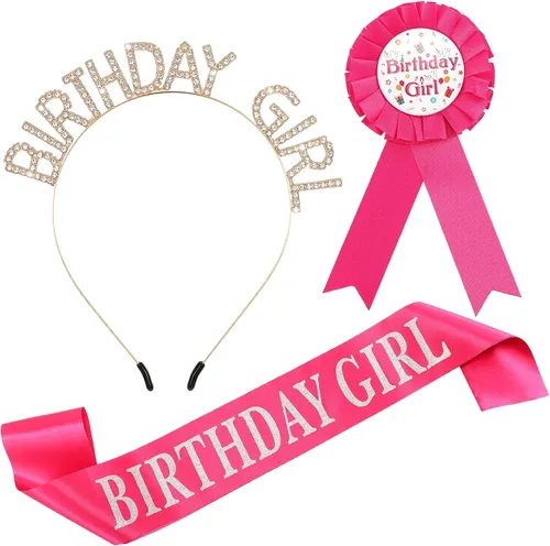 Geosar Juego de corona y disfraz de cumpleaños para niña, medalla de cinta, diadema de diamantes de imitación dorados, regalos para mujeres, niños,