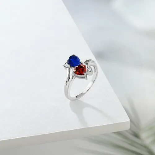 Miniatura 4 de Gem Stone King Anillo de plata de ley 925 con zafiro creado en azul y granate rojo para mujer