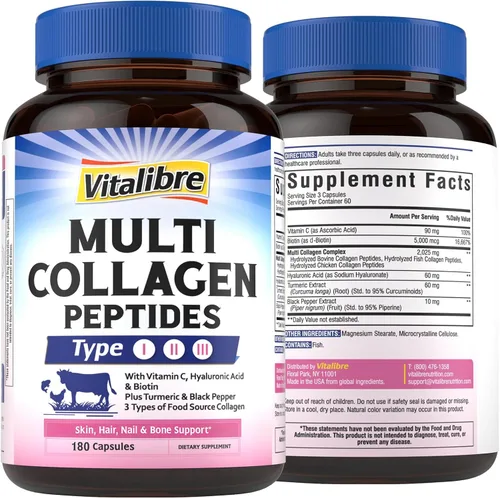 Miniatura 9 de Vitalibre Péptidos multicolágeno, hidrolizados, tipo I, II, III, vitamina C, biotina, ácido hialurónico, cúrcuma y pimienta negra, soporte