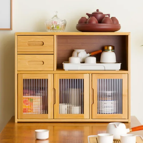Miniatura 14 de Armario de almacenamiento de bambú de 3 niveles, aparador de encimera de despensa de cocina con estante organizador de puerta abatible