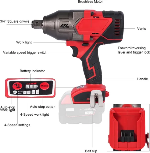 Miniatura 2 de Llave de impacto inalámbrica sin escobillas de 18 V, 3/4 pulgada, torque máximo de 1100 pies/libra (1500 Nm), ajuste de 4 velocidades, arranque