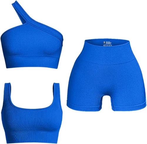 OQQ Conjunto activo de 3 piezas para mujer, acanalado, sin costuras, cuello redondo, brasier deportivo de un hombro, pantalones cortos de cintura