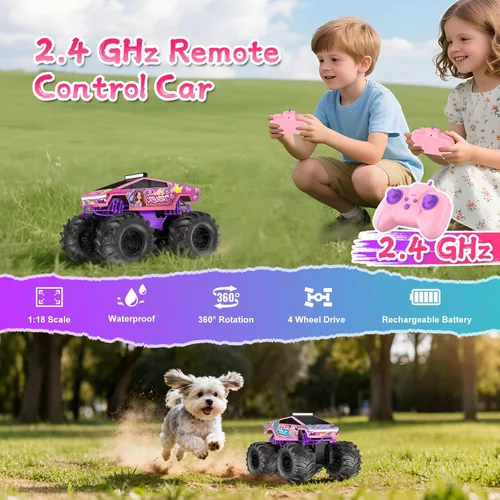Miniatura 3 de Auto de control remoto anfibio, camión monstruo rosa 1:18, juguetes para niñas, autos RC de 2.4 GHz, camiones RC impermeables de 2.4 GHz, camioneta