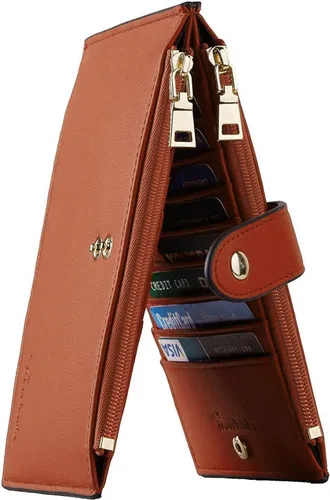 Miniatura 19 de Travelambo Billeteras de cuero para mujer, delgada, con bloqueo RFID, billetera plegable para tarjetas de crédito, Marrón beige
