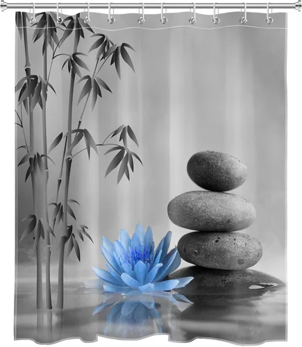 Miniatura 4 de LB Cortina de ducha de spa Zen azul y gris, piedra de bambú gris con flor de lirio de agua azul, cortina de ducha moderna para spa, decoración