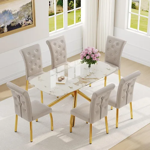 Miniatura 27 de Juego de mesa de comedor moderna para mesa de comedor negra de 4,63 pulgadas, juego de 4 con patas de metal dorado, mesa de cocina rectangular