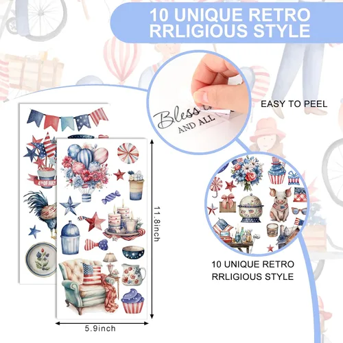 Miniatura 2 de Whaline 10 hojas patrióticas de transferencia para manualidades, 4 de julio, calcomanías de transferencia para muebles en colores pastel para 250