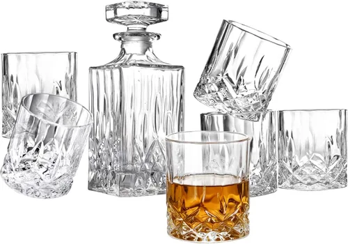 BETESINE Juego de decantador de whisky con 6 vasos, 25.4 fl oz, sin plomo, juego de decantador de licor de cristal para bourbon, whisky, whisky y