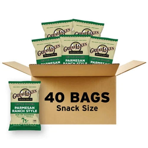 Great Lakes Potato Chip Co. Parmesan Ranch Kettle - Papas fritas cocidas, caja individual de tamaño aperitivo (paquete de 40, bolsas de 1.375 onzas)