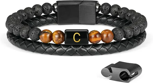 Miniatura 15 de LUXEJEW Regalo Navidad para hombre, brazalete de cuero con cuentas, con letra inicial nombre, 15/64 de pulgada, ágata mate, hecho a mano, ajustable