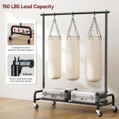 Miniatura 5 de SLEEPING LAMB Percheros de ropa resistentes para colgar ropa, 43 pulgadas de ancho, perchero de ropa rodante de metal con ruedas, perchero de Negro