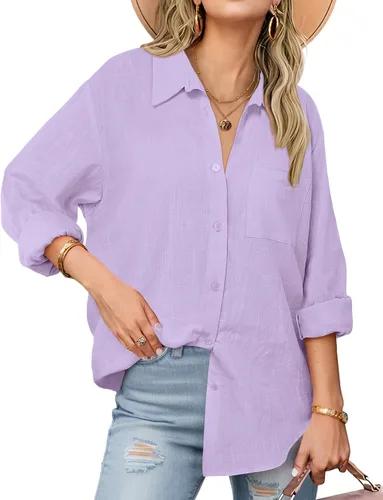 Miniatura 9 de Zeagoo - Blusas de lino con botones para mujer, de gasa, algodón, manga larga, blusas informales con cuello, corte holgado