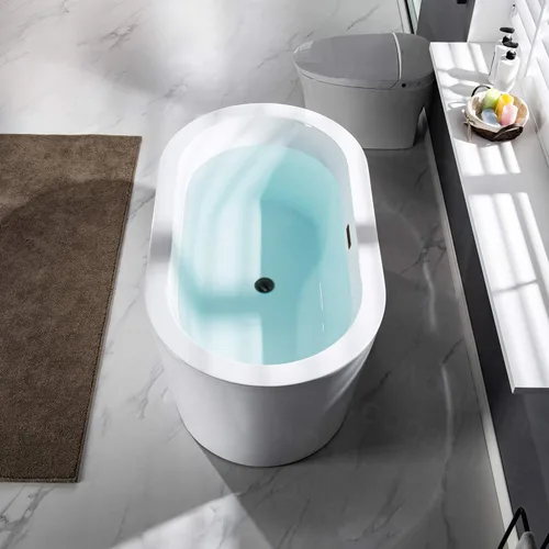Miniatura 5 de WOODBRIDGE Bañera de acrílico independiente de 56 pulgadas, bañera blanca de remojo contemporánea con desbordamiento y drenaje de bronce aceitado