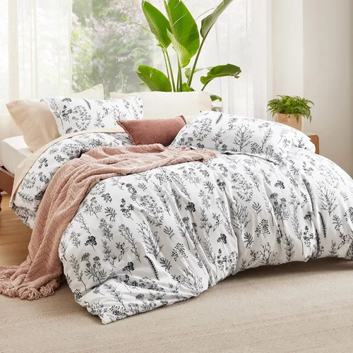 Miniatura 2 de Bedsure - Juego de edredón King, juego de ropa de cama blanco brillante, 3 piezas de ropa de cama floral bonita, 1 edredón reversible suave con 21