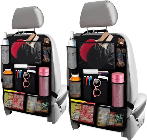 Organizador universal para asiento trasero de automóvil de 23.4 x 16 pulgadas, con 9 bolsillos grandes y soporte transparente para tableta, hecho de