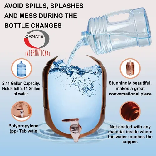 Miniatura 6 de Dispensador de agua martillada de cobre de 8 litros con 1 vaso de 10.1 fl oz cada uno y con soporte para cocina, dispensador de agua, dispensador
