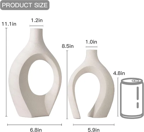 Miniatura 4 de Levvohd XL Juego de 2 jarrones beige de cerámica para decoración moderna del hogar, jarrones huecos florales modernos de estilo bohemio ecléctico