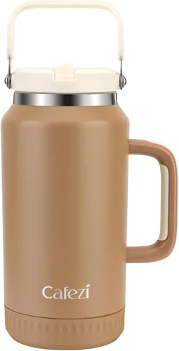 Miniatura 48 de Vaso de 30 onzas con tapa y pajita, vasos de acero inoxidable con aislamiento al vacío con pajita plegable y asa superior, botella de agua aislada