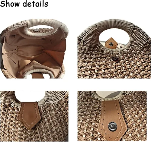 Miniatura 3 de Bolsas de paja para mujer, tejido a mano, con asa, anillo retro, para verano, playa, ratán.
