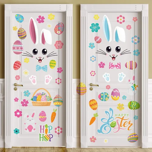 Miniatura 3 de Kajaia 4 piezas Adhesivos de puerta de Pascua felices Adhesivos de refrigerador Huevo de Pascua Flor de Pascua Conejo de Pascua Adhesivos de pared