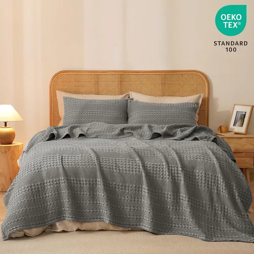 Miniatura 5 de PHF - Manta de punto gofre 100% algodón King, suave, ligera, transpirable, acogedora, de verano, para cama, tejida, estética, decoración del hogar