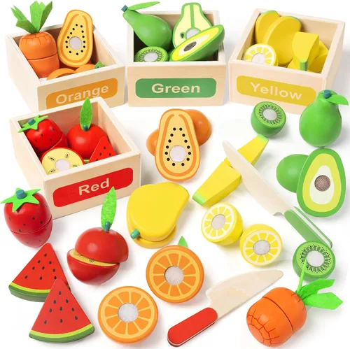 TooyBing Juego de juguetes de madera para la cocina de los niños, 30 piezas Montessori de corte y clasificación de colores accesorios de frutas