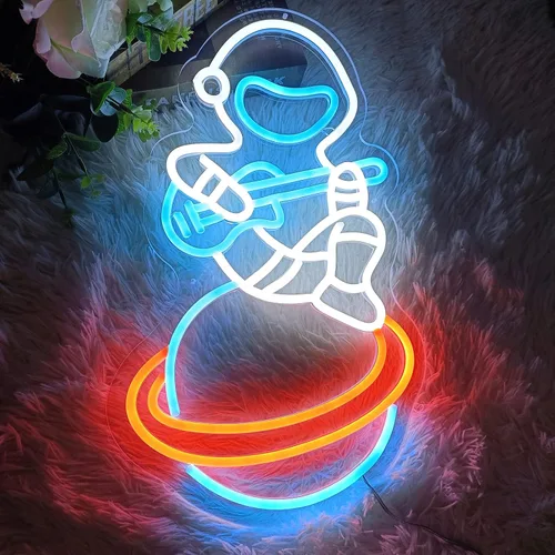 Miniatura 2 de Letrero de neón de astronauta, astronauta sentado en el planeta tocando guitarra, luz LED de neón, decoración de sala de juegos, decoración de museo