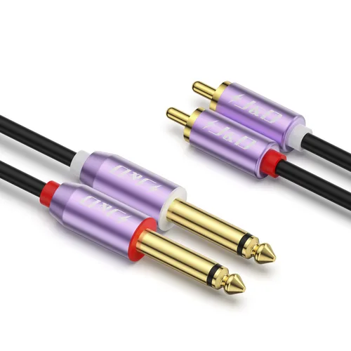 J&D Cable dual TS de 1/4 de pulgada a RCA dual, carcasa de aleación de aluminio morado, chapado en oro, 0.079 x 0.250 in macho TS a 2 RCA macho,