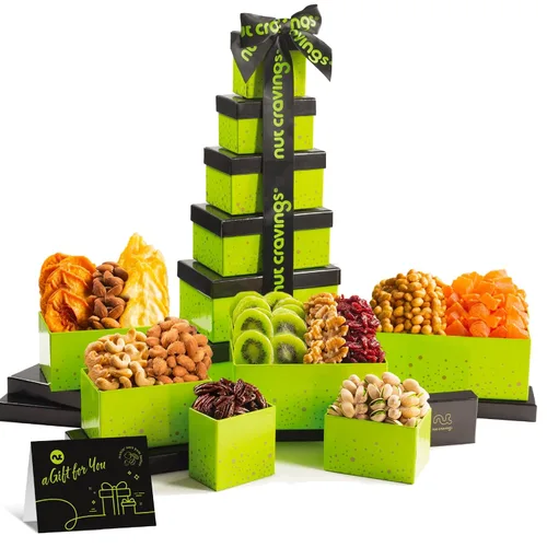 Miniatura 16 de NUT CRAVINGS - Cesta de regalo de frutas secas y nueces mixtas, torre roja + cinta de corazón (12 surtidos), arreglo de alimentos, paquete