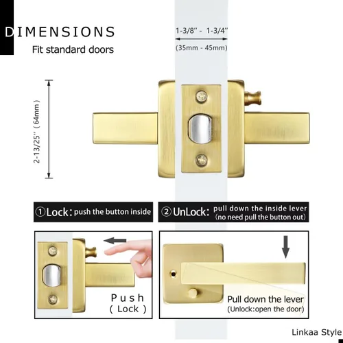 Miniatura 5 de Linkaa Palancas de puerta de latón satinado dorado con cerradura de privacidad, cerradura de palanca de puerta cuadrada sin llave