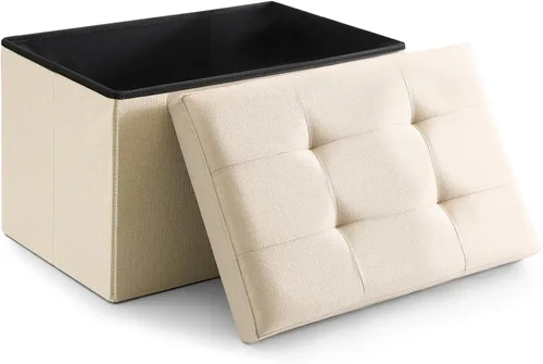 Otomano de Almacenamiento Cúbico Pequeño, Reposapiés Plegable, Asiento Cuadrado, Otomano Acolchado de Lino Beige