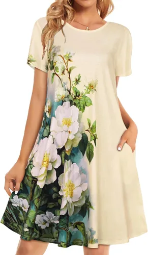Miniatura 6 de Vestidos de verano para mujer, informales, holgados, estilo camiseta, florales, de manga corta, con vuelo y bolsillos, para la playa