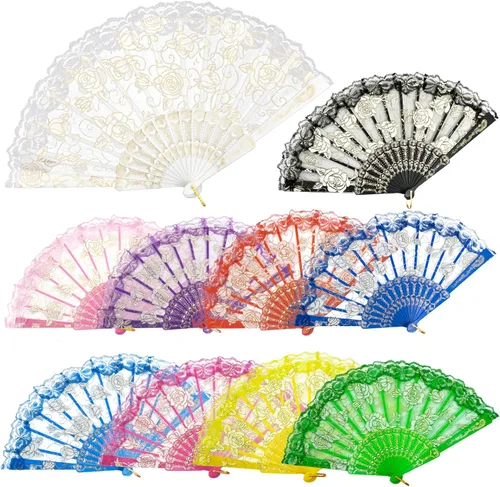 EOSAU Abanicos plegables chinos de mano de encaje para mujer, plegables a granel para fiestas, bodas, iglesias, bailes (10 colores mezclados 01)