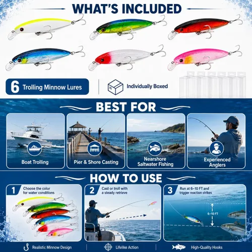 Miniatura 7 de Trolling Minnow Lure, 5.5in 1.5oz Floating Diving Hard Bait, 6-10ft ABS Laser Reflective Crankbait with BKK 4X 1/0 Treble Hooks, 1 Pack, for
