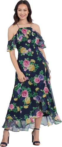 Miniatura 3 de London Times Vestido largo con hombros descubiertos y cuello halter para mujer, con volantes femeninos, ocasión para invitada de fiesta en el jardín