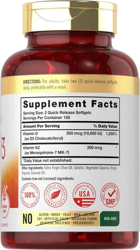 Miniatura 2 de Suplemento de vitamina K2 D3 de Carlyle 300 cápsulas blandas 200 mcg K2 MK7 y 10,000 UI D3 Sin GMO, sin gluten