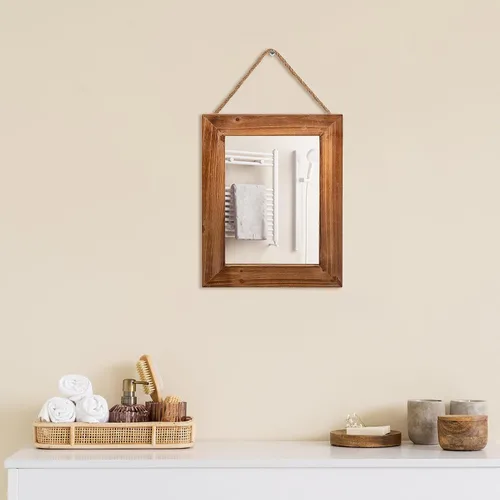Miniatura 4 de OKSQW Espejo de pared de granja, espejo rectangular de madera rústica marrón, marco de madera decorativa de 16 x 12 pulgadas, con espejo y cuerda