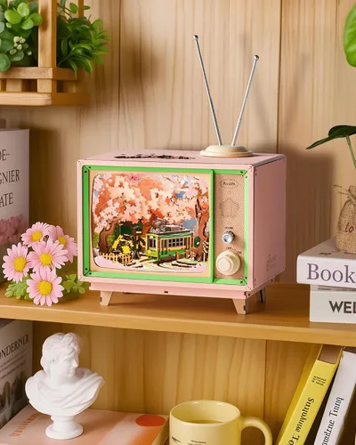 Miniatura 9 de Rolife Rompecabezas de madera 3D para adultos Kit DIY de rincón de libro de 16" Caja de música de flor de cerezo japonés Juguete conjunto