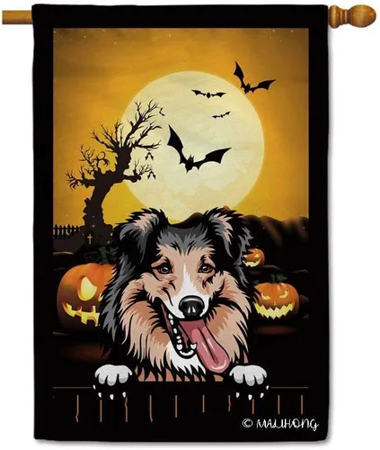 Miniatura 37 de Bandera de jardín de calabaza de Feliz Halloween Jack O'Lantern con perro Rhodesian Ridgeback Halloween Bat Boo Bandera decorativa para patio al