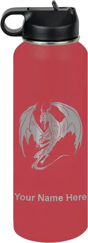 Miniatura 10 de LaserGram Botella de agua con tapa abatible de doble pared de 12 onzas con pajilla, dragón, grabado personalizado incluido (negro)